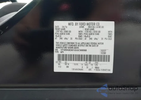 2016 Ford Explorer Xlt from USA, damaged, VIN 1FM5K8D81GGC99588
